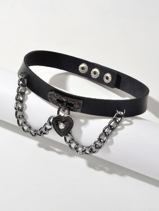 Black Gothic Ajustable Pu Leather Choker Collar Necklace With Heart Pendant - LuckyFash™