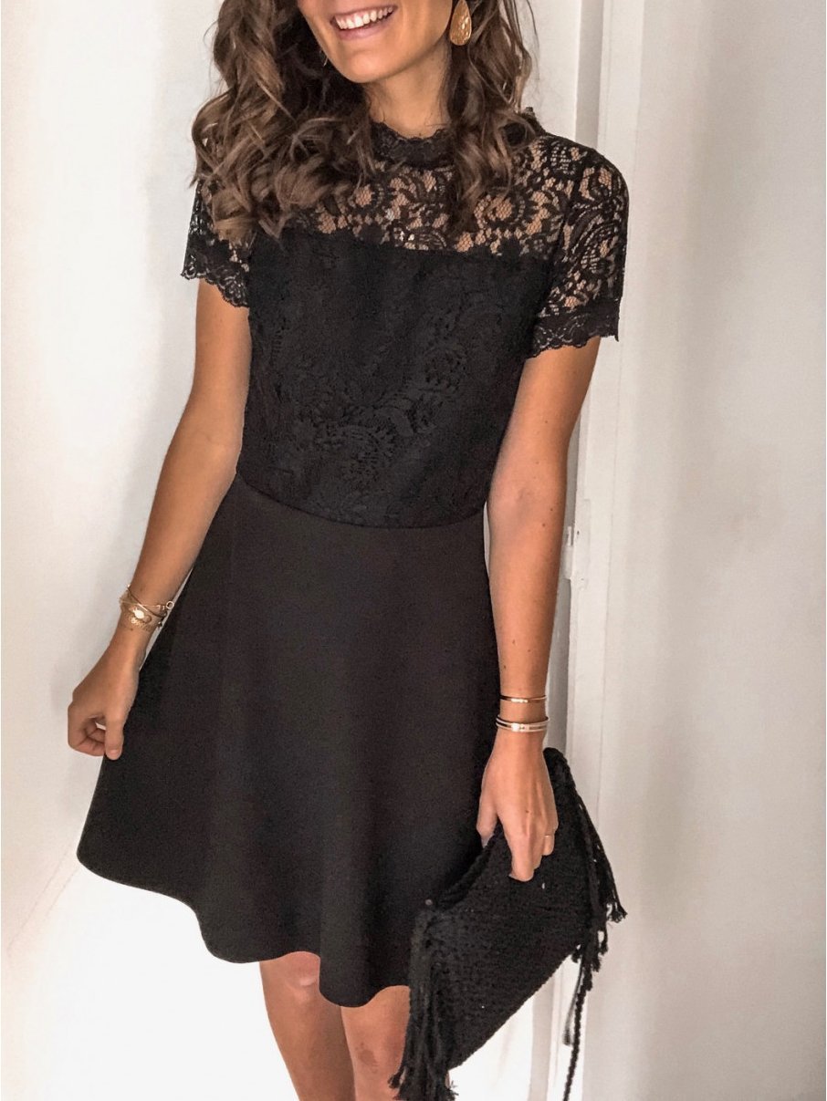 Black Lace Short Sleeve Mini Dress - LuckyFash™