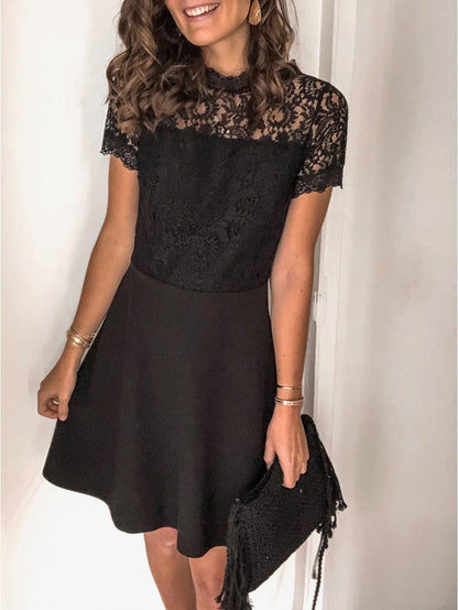 Black Lace Short Sleeve Mini Dress - LuckyFash™