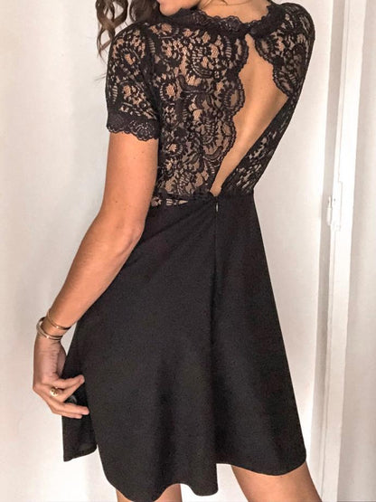 Black Lace Short Sleeve Mini Dress - LuckyFash™