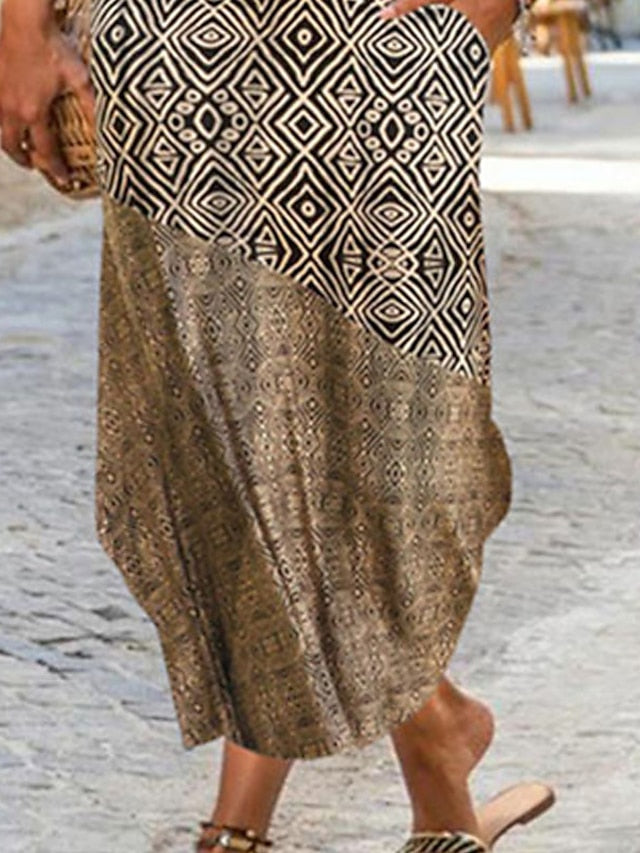 Women's Ethnic Dress Shift Dress Boho Dress Midi Dress Khaki Short Sleeve Geometric Pocket Spring Summer Crew Neck Boho Weekend Loose Fit 2023 S M L XL XXL - LuckyFash™