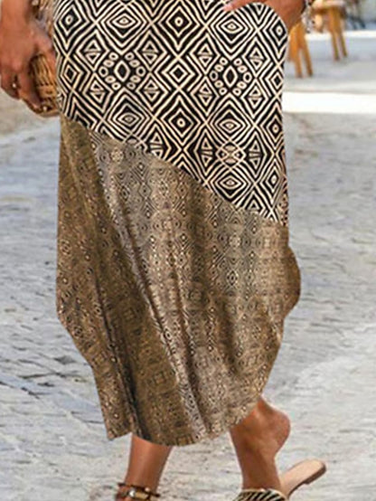 Women's Ethnic Dress Shift Dress Boho Dress Midi Dress Khaki Short Sleeve Geometric Pocket Spring Summer Crew Neck Boho Weekend Loose Fit 2023 S M L XL XXL - LuckyFash™