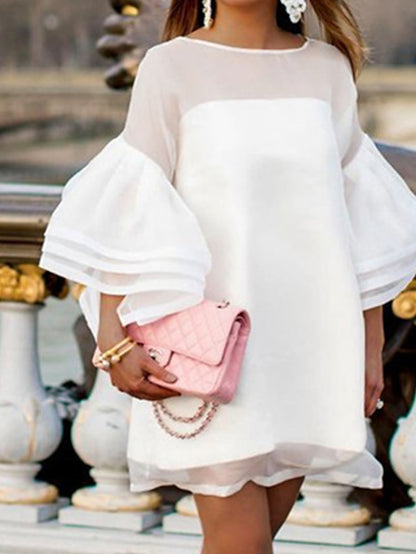 Womenâ€˜s Formal Party Dress Wedding Guest Dress White Dress Mini Dress White 3/4 Length Sleeve Pure Color Mesh Winter Fall Autumn Round Neck 2023 S M L XL XXL 3XL 4XL - LuckyFash™