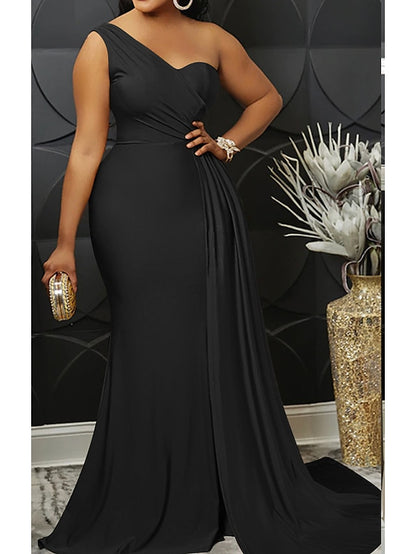 Womenâ€˜s Formal Party Dress Wedding Guest Dress Bodycon Long Dress Maxi Dress claret Black Blue Sleeveless Pure Color Patchwork Winter Fall Autumn One Shoulder Evening Party Slim 2023 S M L XL 2XL - LuckyFash™