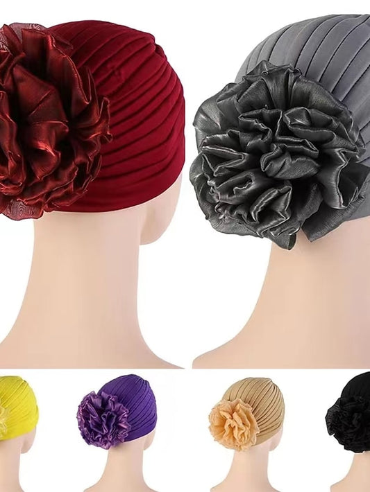 Female Stylish Indian Big Flower Solid Color Turban Hat Comfortable Women Muslim Pullover Hat African Head Wrap Hijab Cap Headwear - LuckyFash™