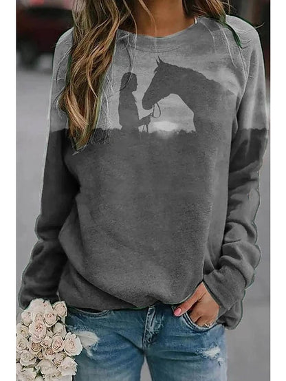 Women's Hoodie Sweatshirt Pullover Streetwear Casual Purple Yellow Khaki Graphic Horse Loose Fit Daily Round Neck Long Sleeve S M L XL XXL - LuckyFash™