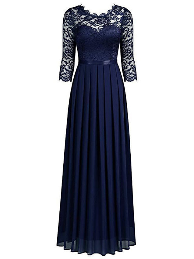 Womenâ€˜s Formal Party Dress Lace Dress Long Dress Maxi Dress Green Wine Navy Blue Black 3/4 Length Sleeve Pure Color Lace Ruched Winter Fall Crew Neck Elegant Formal Romantic 2023 S M L XL XXL - LuckyFash™