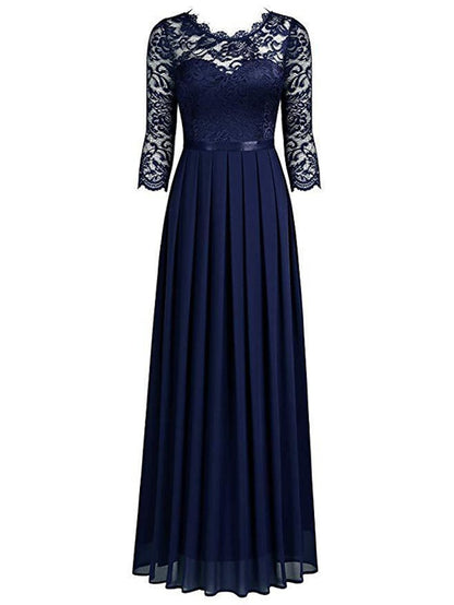Womenâ€˜s Formal Party Dress Lace Dress Long Dress Maxi Dress Green Wine Navy Blue Black 3/4 Length Sleeve Pure Color Lace Ruched Winter Fall Crew Neck Elegant Formal Romantic 2023 S M L XL XXL - LuckyFash™