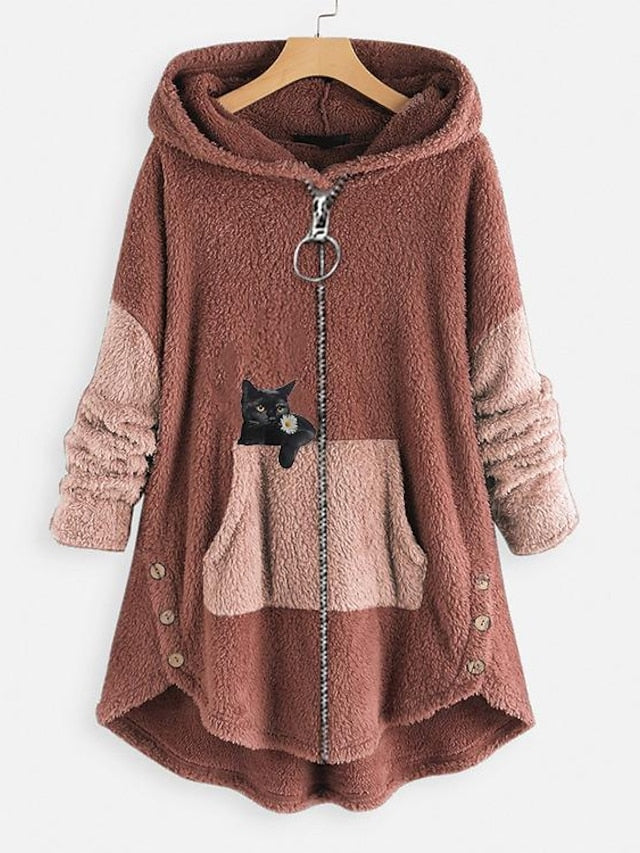 Fleece Jacket Pullover Casual Sherpa Fleece Teddy Zip Up Front Pocket Black Light Green Pink Cat Street Hoodie Plus Size Long Sleeve Fleece for Women - LuckyFash™