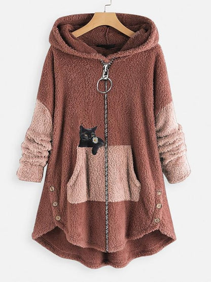 Fleece Jacket Pullover Casual Sherpa Fleece Teddy Zip Up Front Pocket Black Light Green Pink Cat Street Hoodie Plus Size Long Sleeve Fleece for Women - LuckyFash™