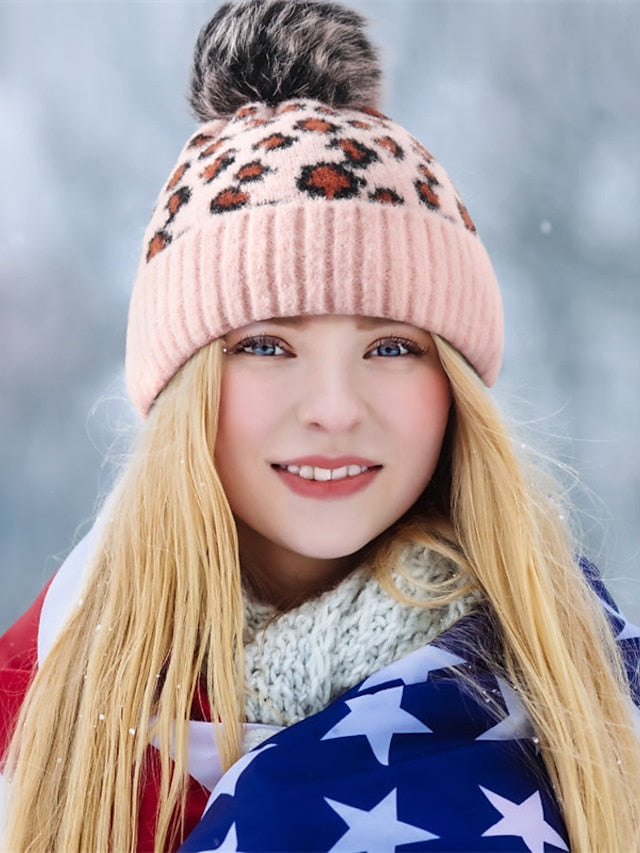 Women's Hat Beanie / Slouchy Black Pink Light Gray Outdoor Home Daily Knit Leopard Portable Windproof Comfort - LuckyFash™
