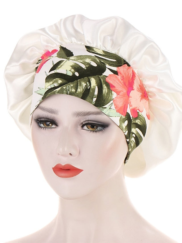 Women Satin Night Beauty Salon Sleep Cap Bonnet Hat Silk Headwrap Floral Print Wide Elastic Band Curly Springy Hair Chemo Cap Sleep Cap - LuckyFash™