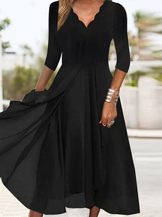 Women's Holiday Dress Swing Dress Black Dress Midi Dress Black 3/4 Length Sleeve Pure Color Ruffle Summer Spring V Neck Modern Winter Dress Evening Party Fall Dress 2023 S M L XL 2XL 3XL - LuckyFash™