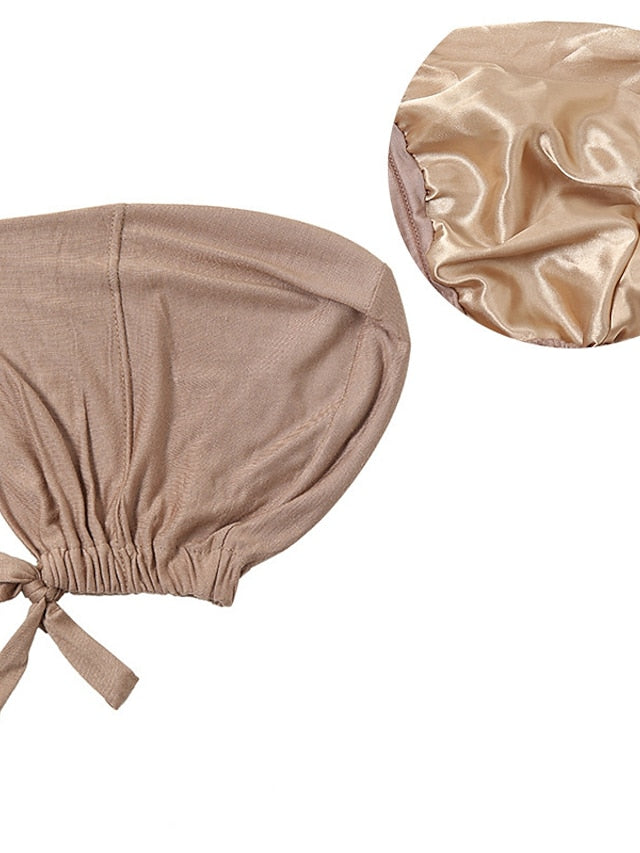 Muslim Satin Hijab Cap Full Cover Inner Hat Islamic Head Wear Stretch Turban Underscarf Bonnet Straps Headband - LuckyFash™