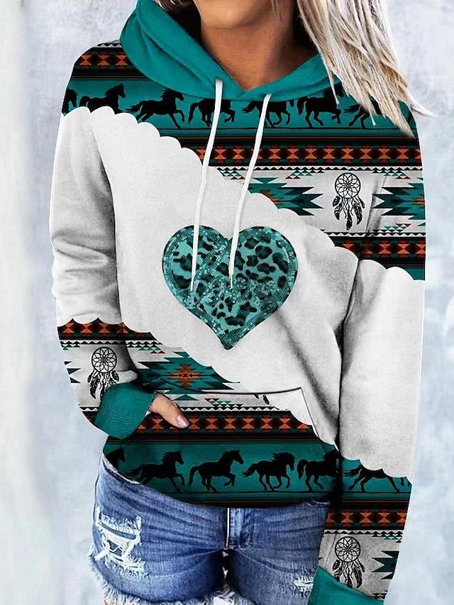 Hoodie Sweatshirt Pullover Ethnic Front Pocket dark brown Gray Green Sea Blue Geometric Street Hoodie Long Sleeve for Women - LuckyFash™