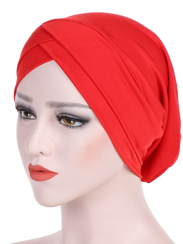 Solid Stretch Fabric Forehead Cross India Cap Turban Hat Women Elastic Turban Muslim Hijab Islamic India Hair Loss Caps Scarf Headwraps - LuckyFash™