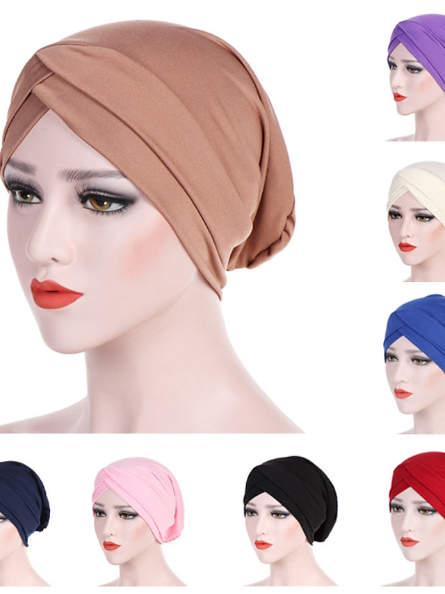 Solid Stretch Fabric Forehead Cross India Cap Turban Hat Women Elastic Turban Muslim Hijab Islamic India Hair Loss Caps Scarf Headwraps - LuckyFash™