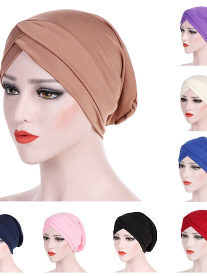 Solid Stretch Fabric Forehead Cross India Cap Turban Hat Women Elastic Turban Muslim Hijab Islamic India Hair Loss Caps Scarf Headwraps - LuckyFash™