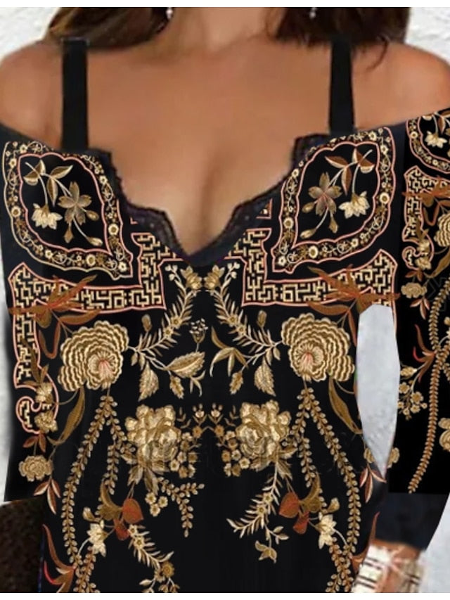 Ethnic Dress Sheath Dress Mini Dress Black Long Sleeve Floral Cold Shoulder Summer Spring V Neck Hot Winter Dress Fall Dress  S M L XL XXL 3XL for Women - LuckyFash™