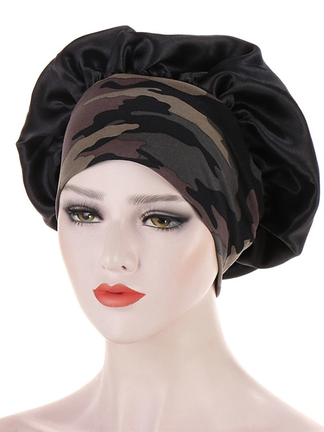 Women Satin Night Beauty Salon Sleep Cap Bonnet Hat Silk Headwrap Floral Print Wide Elastic Band Curly Springy Hair Chemo Cap Sleep Cap - LuckyFash™