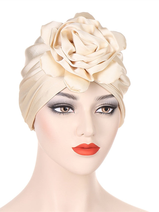 Big Flower Muslim Women Turban Satin Head Wrap Hijab Sleep Night Hat Hair Care Cap Indian Elastic Beanie Ladies Hair Loss Headwear - LuckyFash™