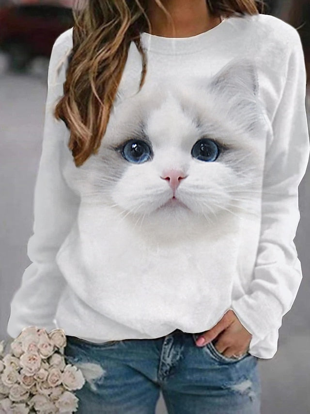 Women's Hoodie Sweatshirt Cat Graphic 3D Print Daily 3D Print Basic Casual Hoodies Sweatshirts  Gray Brown White - LuckyFash™