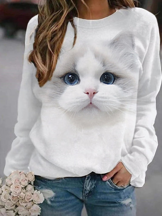 Women's Hoodie Sweatshirt Cat Graphic 3D Print Daily 3D Print Basic Casual Hoodies Sweatshirts  Gray Brown White - LuckyFash™