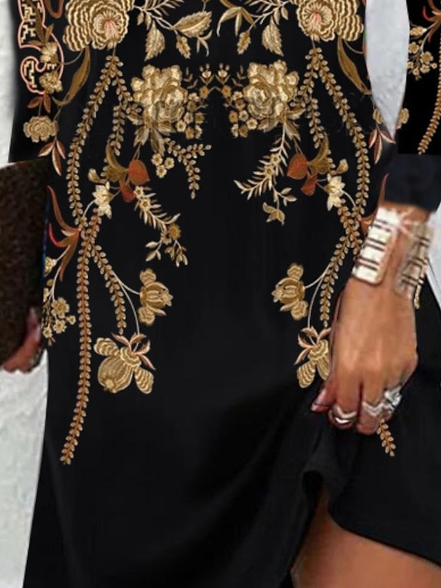 Ethnic Dress Sheath Dress Mini Dress Black Long Sleeve Floral Cold Shoulder Summer Spring V Neck Hot Winter Dress Fall Dress  S M L XL XXL 3XL for Women - LuckyFash™