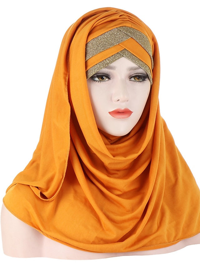 Forehead Cross Hair Wrap Scarf Solid Color Glitter Sequins Jersey Hijabs Muslim Headband Women Turban Hair Cap Headscarf - LuckyFash™