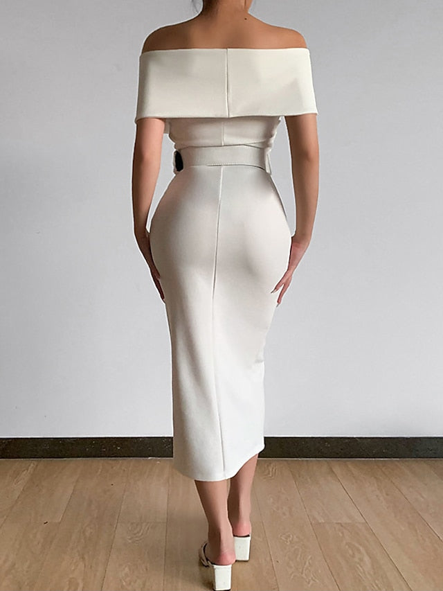 Womenâ€˜s Formal Party Dress Wedding Guest Dress Bodycon Sheath Dress Midi Dress Black White Pink Short Sleeve Pure Color Backless Spring Summer Autumn Off Shoulder Stylish Slim 2023 S M L XL XXL 3XL - LuckyFash™