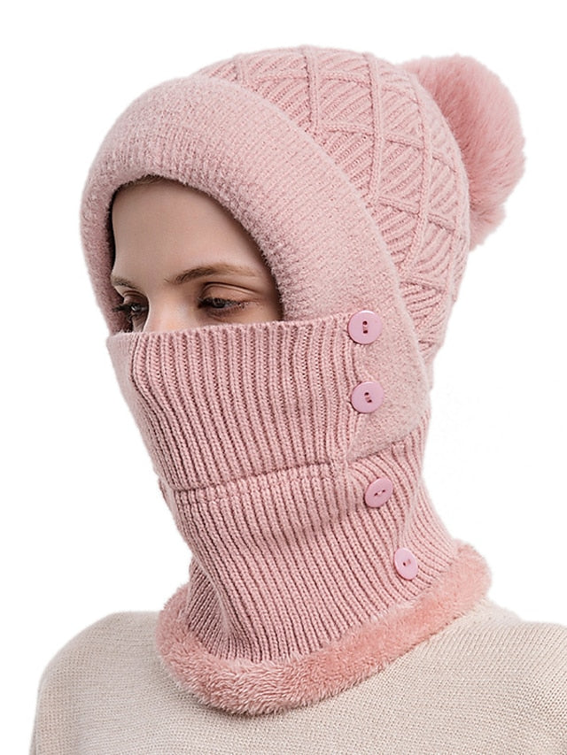 Winter Hats For Women Soft One-Piece Warm Mask Knitted Hat Thickened Lining Warm Beanies Female Cycling Cap - LuckyFash™