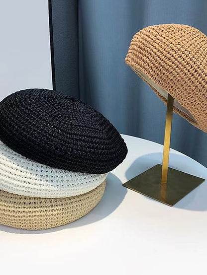Spring Summer Breathable Straw Hat Female Unique Beret Black Khaki Beige British Beret Hat Hollow Artistic Painter Hat - LuckyFash™