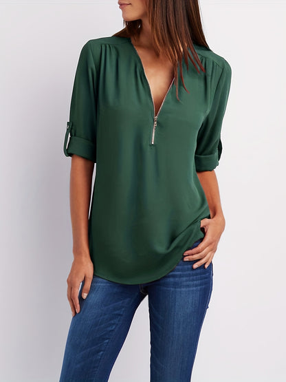 Solid V Neck Blouse, Casual Ruched Rollable Sleeve Half Zip Blouse, Women's Clothing