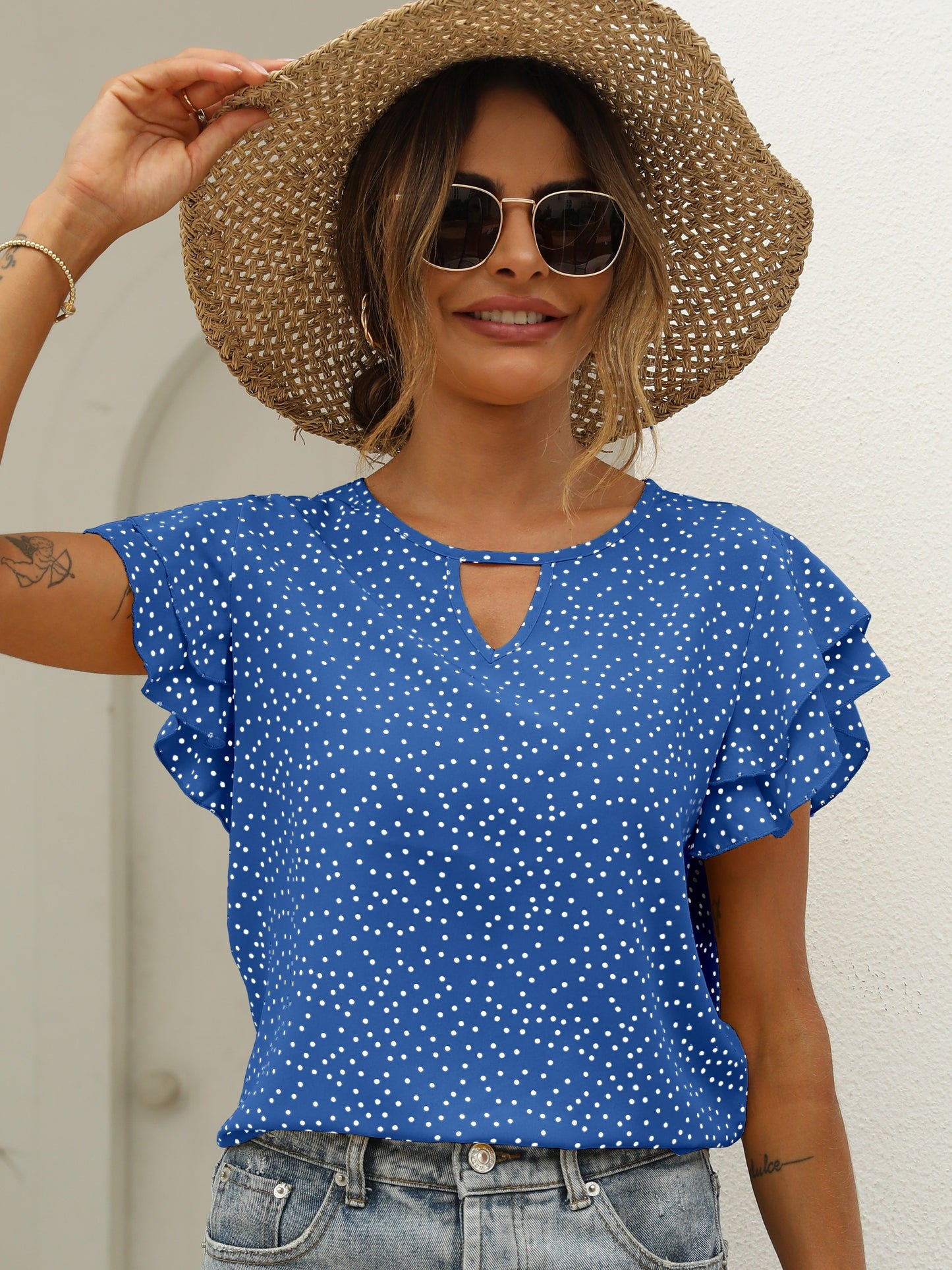 Polka Dot Ruffle Layered Hem Blouse, Casual Crew Neck Blouse For Spring & Summer, Women's Clothing