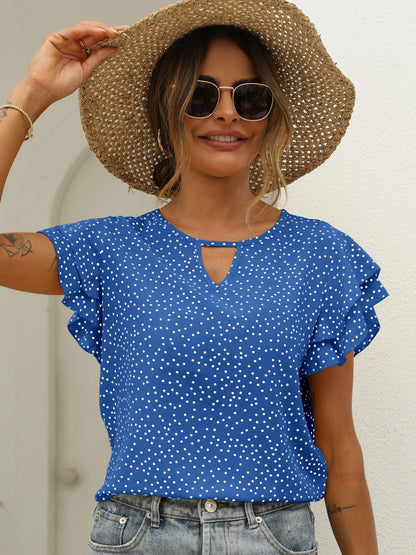 Polka Dot Ruffle Layered Hem Blouse, Casual Crew Neck Blouse For Spring & Summer, Women's Clothing