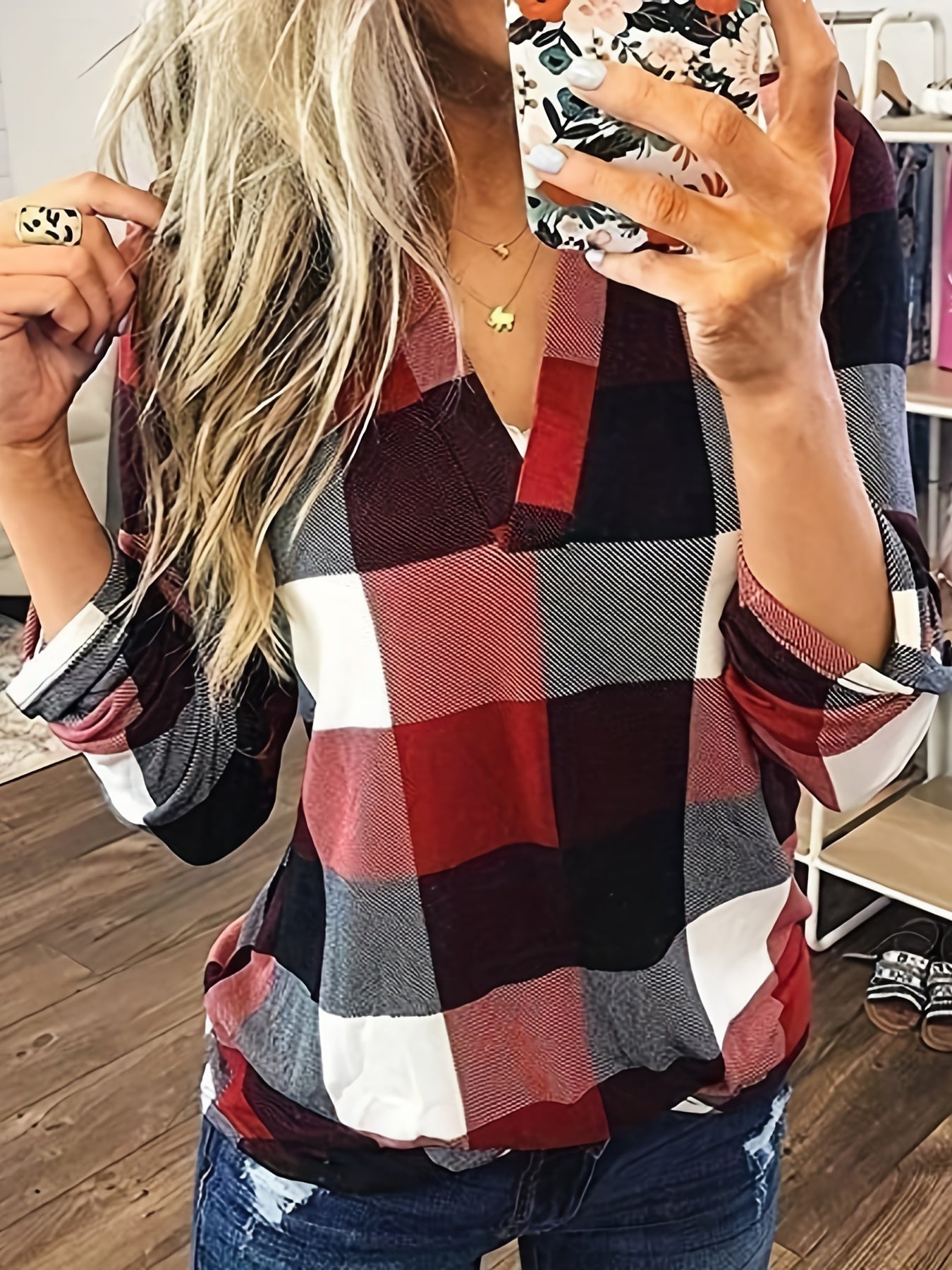 Casual Plaid Shirt, Long Sleeve V-neck Shirt,  Casual Every Day Tops, Women's Clothing