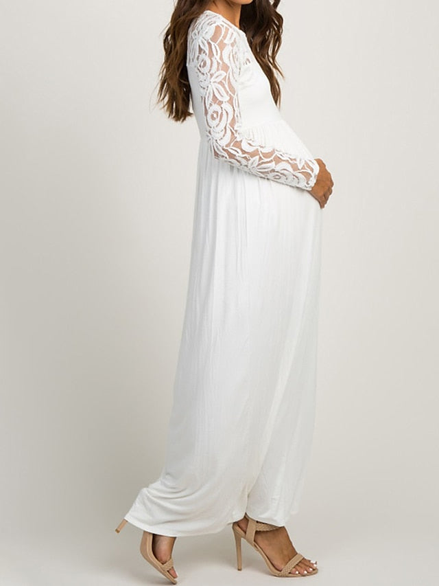 Womenâ€˜s Baby Shower Dress Casual Dress Lace Dress Sheath Dress Solid Color Maxi Long Sleeve Lace Patchwork Crew Neck Black White Pink Spring S M L XL XXL - LuckyFash™