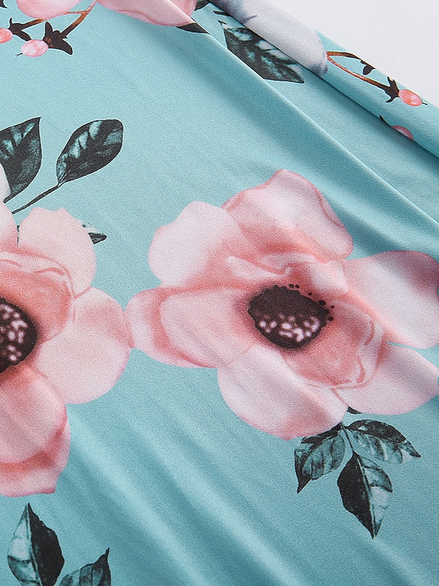 Women's Floral Casual Dress Swing Dress Floral Dress Long Dress Maxi Dress Black Navy Blue Light Blue Short Sleeve Lace up Spring Summer Turtleneck Hot Slim 2023 S M L XL XXL 3XL 4XL 5XL - LuckyFash™