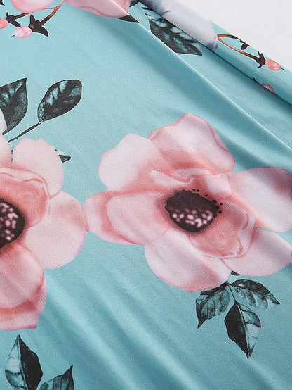 Women's Floral Casual Dress Swing Dress Floral Dress Long Dress Maxi Dress Black Navy Blue Light Blue Short Sleeve Lace up Spring Summer Turtleneck Hot Slim 2023 S M L XL XXL 3XL 4XL 5XL - LuckyFash™