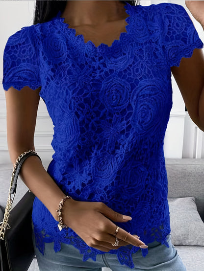 Lace Crew Neck T-Shirt, Elegant Short Sleeve T-Shirt For Spring & Summer, Women's Clothing