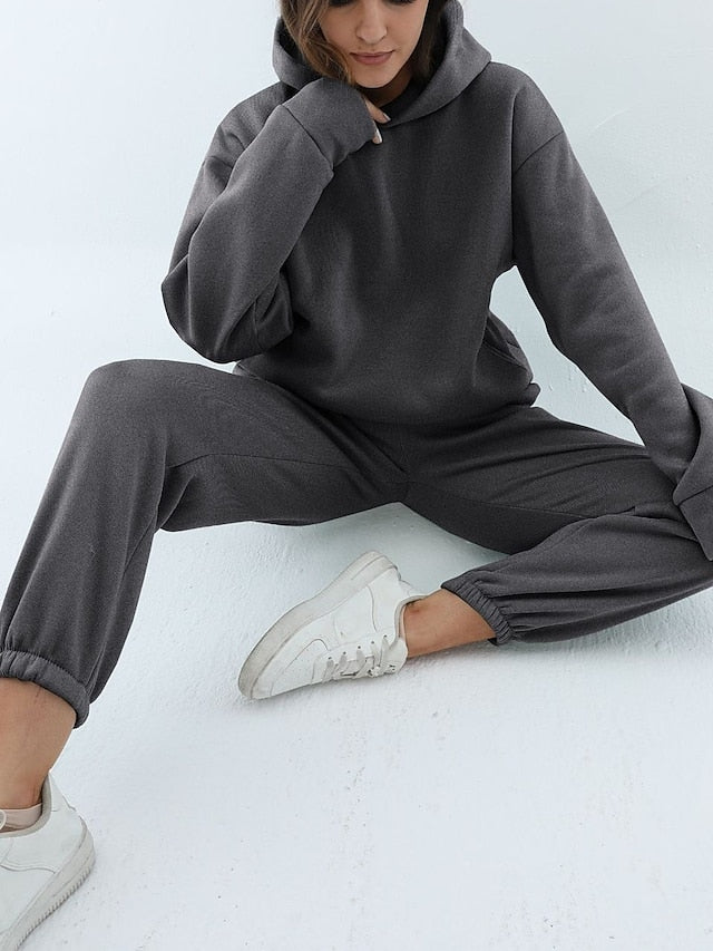 Hoodie 2 Piece Solid / Plain Color Sports Regular Winter Creamy-white ArmyGreen Big red Purple Pink for Women - LuckyFash™