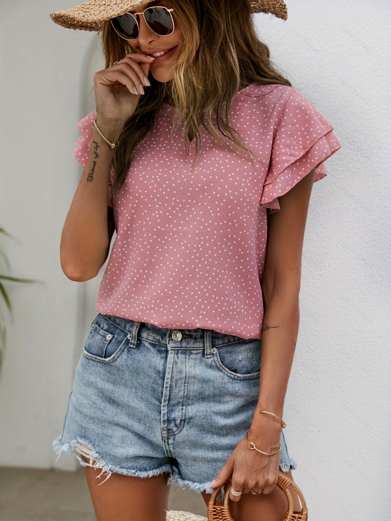 Polka Dot Ruffle Layered Hem Blouse, Casual Crew Neck Blouse For Spring & Summer, Women's Clothing
