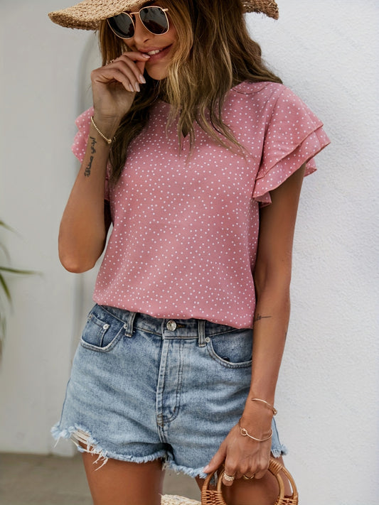 Polka Dot Ruffle Layered Hem Blouse, Casual Crew Neck Blouse For Spring & Summer, Women's Clothing