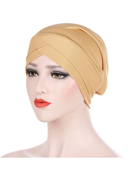 Solid Stretch Fabric Forehead Cross India Cap Turban Hat Women Elastic Turban Muslim Hijab Islamic India Hair Loss Caps Scarf Headwraps - LuckyFash™