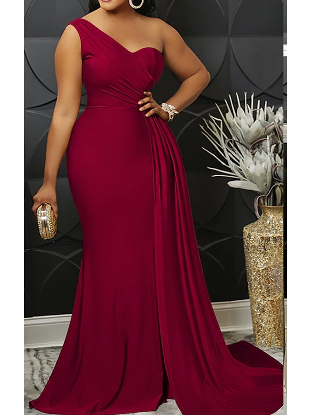 Womenâ€˜s Formal Party Dress Wedding Guest Dress Bodycon Long Dress Maxi Dress claret Black Blue Sleeveless Pure Color Patchwork Winter Fall Autumn One Shoulder Evening Party Slim 2023 S M L XL 2XL - LuckyFash™