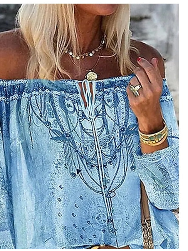 Women's Going Out Tops Tube Top Concert Tops Blue Beige Graphic Floral Long Sleeve Ethnic Boho Off Shoulder Regular S - LuckyFash™