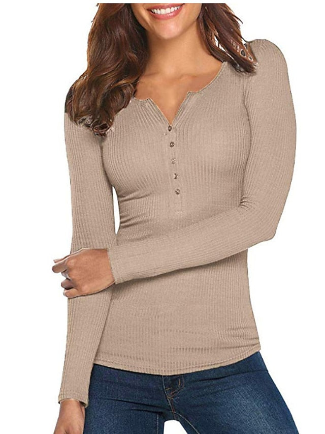 Women's Henley Shirt T shirt Tee Black White Yellow Plain Button Long Sleeve Casual Daily Basic Crew Neck Regular S - LuckyFash™