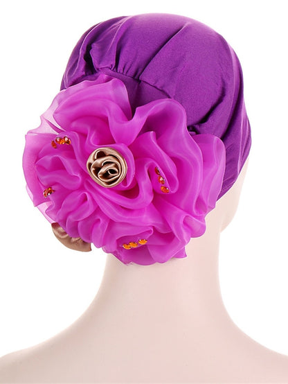 Women Solid Color Back Big Flower New Turban Muslim Hijab Caps Satin Flowers Arab Wrap Inner Hijabs Bonnet Hat Headdress - LuckyFash™