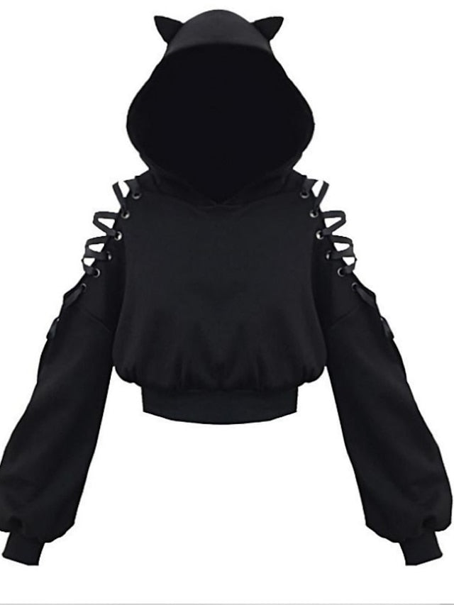 hoodie crop top cat ear hooded sweatshirt hollow out lace up sleeves(4xl,cats climbing) for Women - LuckyFash™