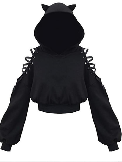 hoodie crop top cat ear hooded sweatshirt hollow out lace up sleeves(4xl,cats climbing) for Women - LuckyFash™